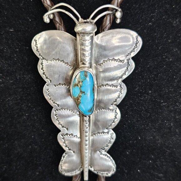 Navajo Turquoise Sterling Silver Bolo Tie Large Butterfly Signed HW. USA - Picture 3 of 12